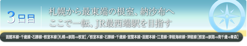 3日目｜札幌から最東端の根室、納沙布へここで一転、JR最西端駅を目指す函館本線・千歳線・石勝線・根室本線［札幌⇒釧路⇒根室］／根室本線・石勝線・千歳線・室蘭本線・函館本線・江差線・津軽海峡線・津軽線［根室⇒釧路⇒南千歳⇒青森］