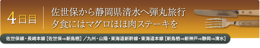 4日目｜佐世保から静岡県清水へ弾丸旅行夕食にはマグロほほ肉ステーキを｜佐世保線・長崎本線［佐世保⇒新鳥栖］／九州・山陽・東海道新幹線・東海道本線［新鳥栖⇒新神戸⇒静岡⇒清水］