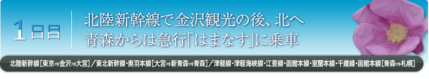 1日目｜北陸新幹線で金沢観光の後、北へ青森からは急行｢はまなす｣に乗車｜北陸新幹線［東京⇒金沢⇒大宮］／東北新幹線・奥羽本線［大宮⇒新青森⇒青森］／津軽線・津軽海峡線・江差線・函館本線・室蘭本線・千歳線・函館本線［青森⇒札幌］