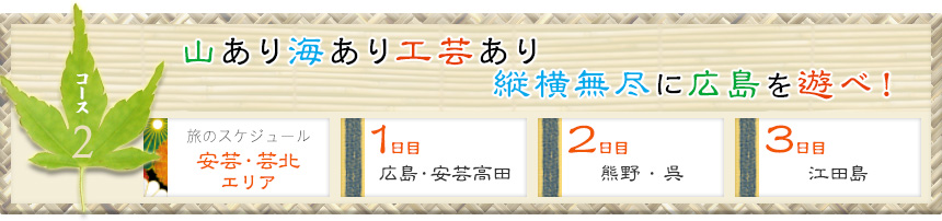 コース2｜山あり海あり工芸あり
縦横無尽に広島を遊べ！