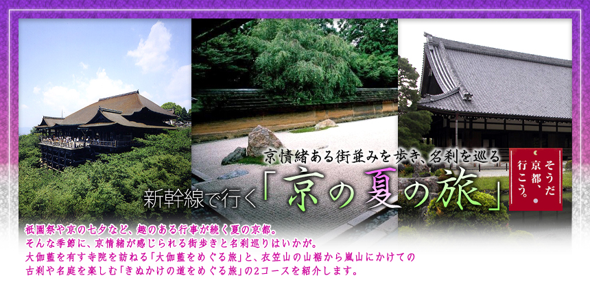 京情緒ある街並みを歩き、名刹を巡る新幹線で行く「京の夏の旅」｜祇園祭や京の七夕など、趣のある行事が続く夏の京都。そんな季節に、京情緒が感じられる街歩きと名刹巡りはいかが。 大伽藍を有す寺院を訪ねる「大伽藍をめぐる旅」と、衣笠山の山裾から嵐山にかけての古刹や名庭を楽しむ「きぬかけの道をめぐる旅」の2コースを紹介します。