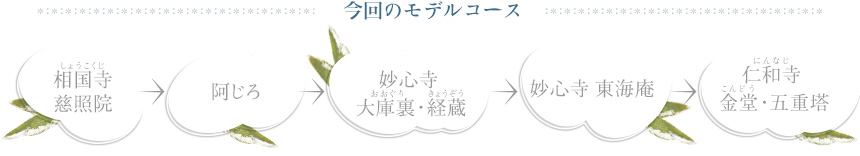 今回のモデルコース｜「相国寺（しょうこくじ） 慈照院」→「阿じろ」→「妙心寺 大庫裏（おおぐり）・経蔵（きょうぞう）」→「妙心寺 東海庵」→「仁和寺（にんなじ） 金堂（こんどう）・五重塔」