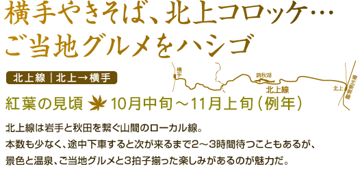 横手やきそば、北上コロッケ…ご当地グルメをハシゴ 北上線｜北上→横手 紅葉の見頃：10月中旬～11月上旬（例年） 北上線は岩手と秋田を繋ぐ山間のローカル線。本数も少なく、途中下車すると次が来るまで2～3時間待つこともあるが、景色と温泉、ご当地グルメと3拍子揃った楽しみがあるのが魅力だ。

