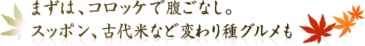 まずは、コロッケで腹ごなし。スッポン、古代米など変わり種グルメも