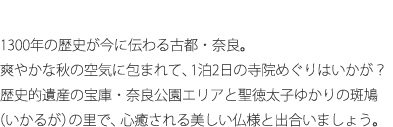 1300年の歴史が今に伝わる古都・奈良。爽やかな秋の空気に包まれて、1泊2日の寺院めぐりはいかが？ 歴史的遺産の宝庫・奈良公園エリアと聖徳太子ゆかりの斑鳩（いかるが）の里で、心癒される美しい仏様と出合いましょう。