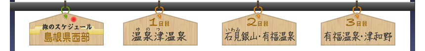＜旅のスケジュール｜島根県西部＞１日目｜温泉津（ゆのつ）温泉→２日目｜石見（いわみ）銀山・有福温泉→３日目｜有福温泉・津和野