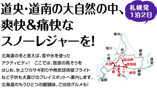 『道央･道南の大自然の中、爽快＆痛快なスノーレジャーを！』北海道の冬と言えば、雪や氷を使ったアクティビティ！　ここでは、雪原の馬そりをはじめ、氷上ワカサギ釣りや熱気球係留フライトなど子供も大喜びのプレイスポットへ案内します。北海道のもうひとつの醍醐味、ご当地グルメも！