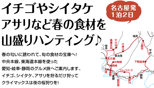 『イチゴやシイタケ アサリなど春の食材を山盛りハンティング♪』春の匂いに誘われて、旬の食材の宝庫へ！中央本線、東海道本線を使った愛知・岐阜・静岡のグルメ旅へご案内します。イチゴ、シイタケ、アサリを狩るだけ狩ってクライマックスは夜の桜狩りを！