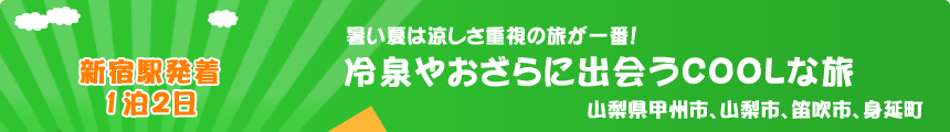 新宿駅発着／1泊2日　暑い夏は涼しさ重視の旅が一番！
『冷泉やおざらに出会うCOOLな旅』山梨県甲州市、山梨市、笛吹市、身延町