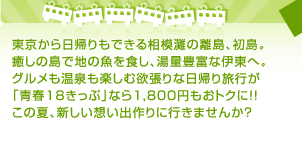 東京から日帰りもできる相模灘の離島、初島。 癒しの島で地の魚を食し、湯量豊富な伊東へ。 グルメも温泉も楽しむ欲張りな日帰り旅行が 「青春18きっぷ」なら1,800円もおトクに!! この夏、新しい想い出作りに行きませんか？ 