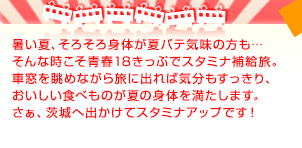 暑い夏、そろそろ身体が夏バテ気味の方も…そんな時こそ青春18きっぷでスタミナ補給旅。車窓を眺めながら旅に出れば気分もすっきり、おいしい食べものが夏の身体を満たします。さぁ、茨城へ出かけてスタミナアップです！