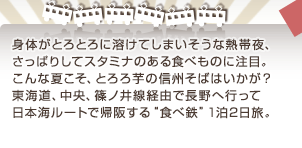 身体がとろとろに溶けてしまいそうな熱帯夜、さっぱりしてスタミナのある食べものに注目。こんな夏こそ、とろろ芋の信州そばはいかが？東海道、中央、篠ノ井線経由で長野へ行って日本海ルートで帰阪する“食べ鉄”1泊2日旅