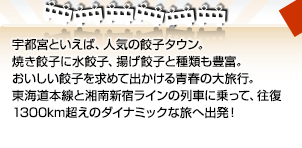 宇都宮といえば、人気の餃子タウン。焼き餃子に水餃子、揚げ餃子と種類も豊富。おいしい餃子を求めて出かける青春の大旅行。東海道本線と湘南新宿ラインの列車に乗って、往復1300km超えのダイナミックな旅へ出発！