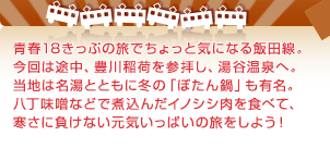 青春18きっぷの旅でちょっと気になる飯田線。今回は途中、豊川稲荷を参拝し、湯谷温泉へ。当地は名湯とともに冬の「ぼたん鍋」も有名。八丁味噌などで煮込んだイノシシ肉を食べて、寒さに負けない元気いっぱいの旅をしよう！