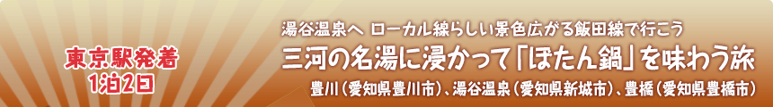 東京駅発着／1泊2日｜湯谷温泉へ ローカル線らしい景色広がる飯田線で行こう｜三河の名湯に浸かって「ぼたん鍋」を味わう旅｜豊川（愛知県豊川市）、湯谷温泉（愛知県新城市）、豊橋（愛知県豊橋市）