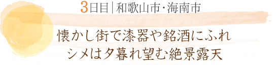 3日目 和歌山市・海南市｜懐かし街で漆器や銘酒にふれ シメは夕暮れ望む絶景露天